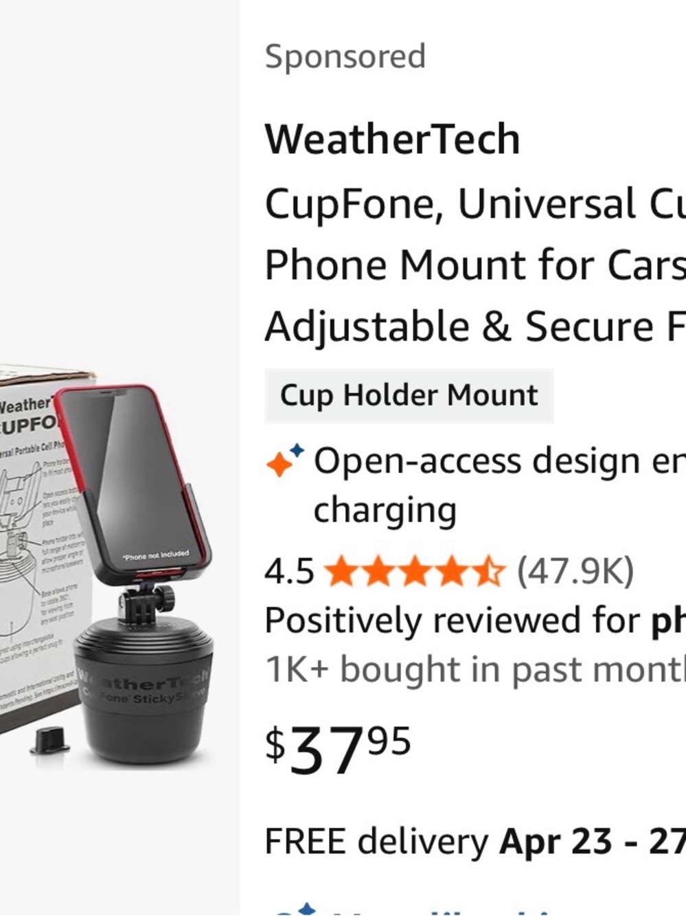 WeatherTech CupFone Universal Car Cup Holder Phone Mount - Black with Red Accent